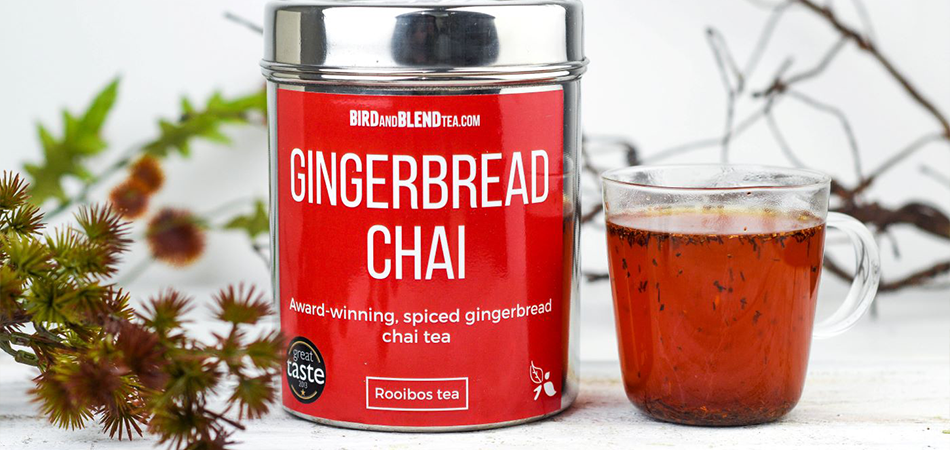 Bird & Blend Gingerbread Chai tea tin, caffeine-free rooibos tea