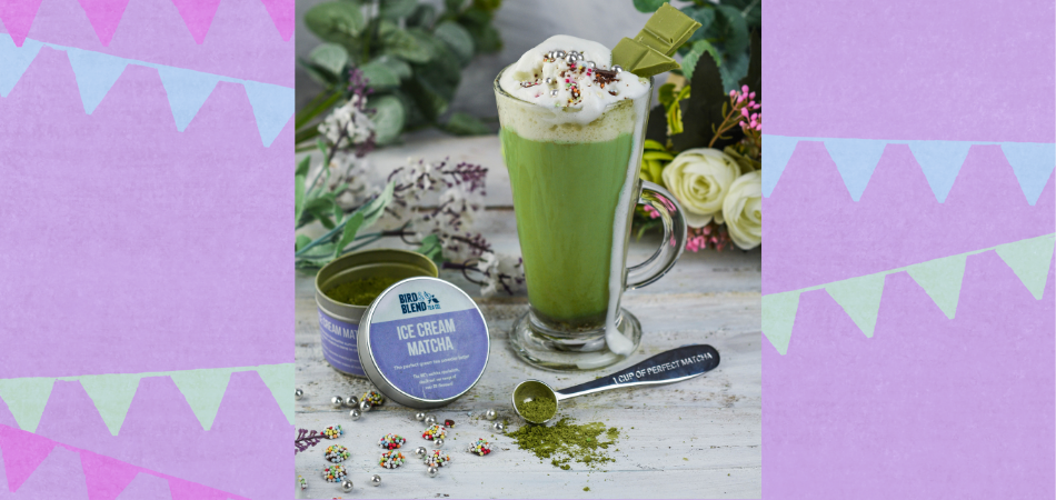 Ice cream matcha latte drink, with cream and sprinkles 
